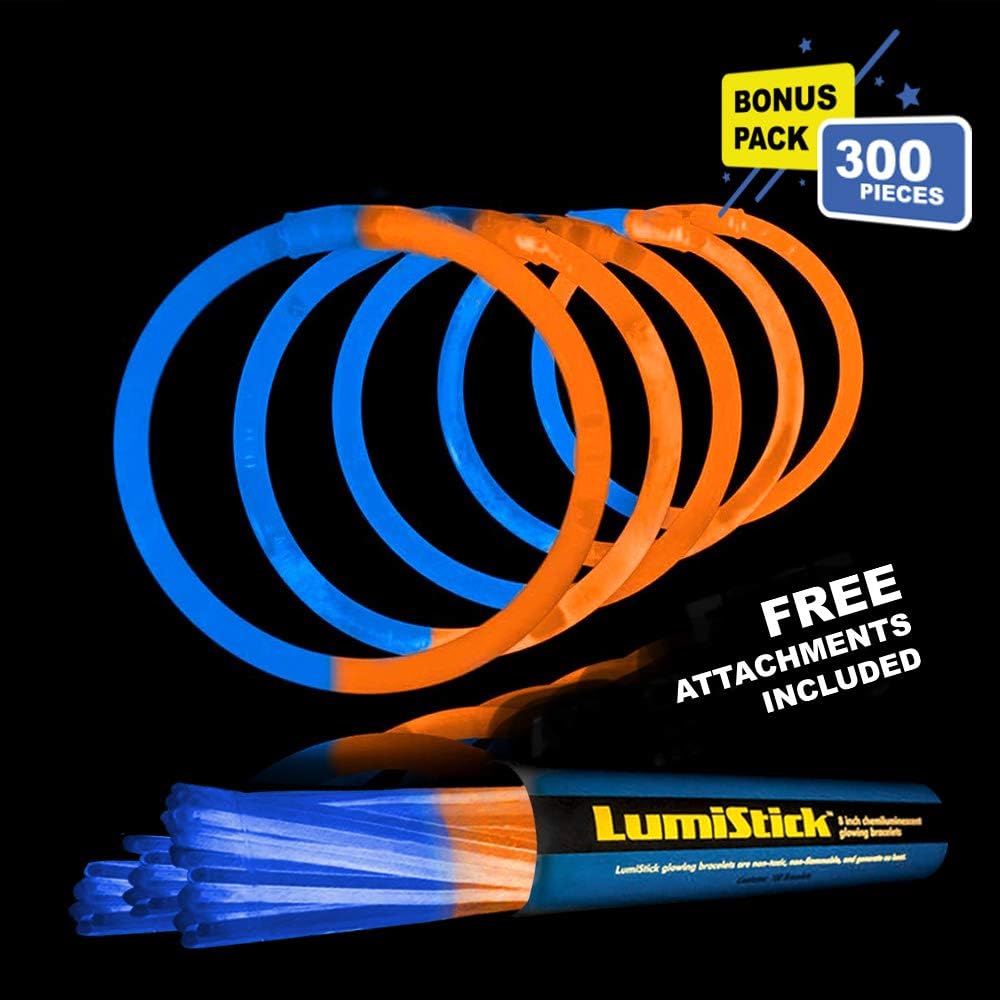 Lumistick 8 Inch 300 Glow Sticks Bulk Party Favors with Connectors | Light Sticks Neon Party Glow Necklaces and Glow Bracelets | Glow in The Dark Party Supplies (Blue/Orange, 300 Glow Sticks)