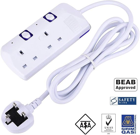 Yiamia 3M Switched Extension Lead Power Strip 2 Gang Extension Outlet 13A UK Plug Overload