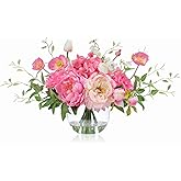 Artificial Flowers in Vase, WELL KNOWN Silk Hydrangea Bouquet and Peonies Artificial Flowers Table Centerpieces with Faux Water for Home Decor Fake Tulips Flower Arrangements for Table Decor (Fuchsia)
