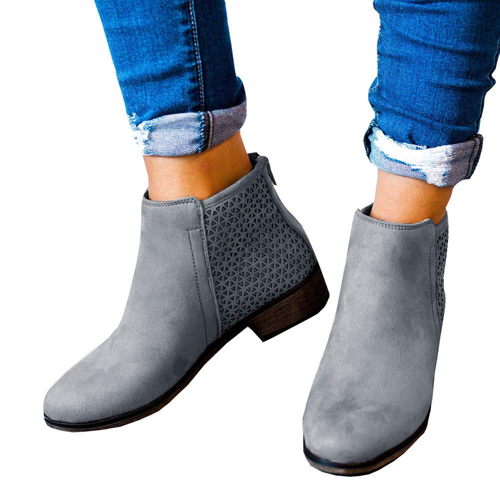 Womens Fall Ankle Boots Low Heel Flat Stacked Booties Back Zipper Hollow Out Western Shoes Light Grey - Image 4