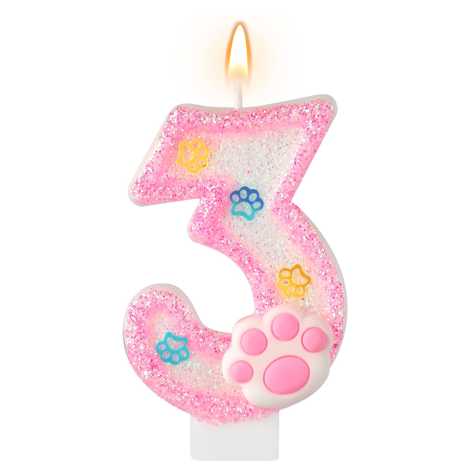 AKURIEEY Dog and Cat 3rd Birthday Candle Pink Numbers 3 Candle Paw Cake Topper Cupcake Decorations for Pet Theme Party Decor Anniversary Celebrations Supplies