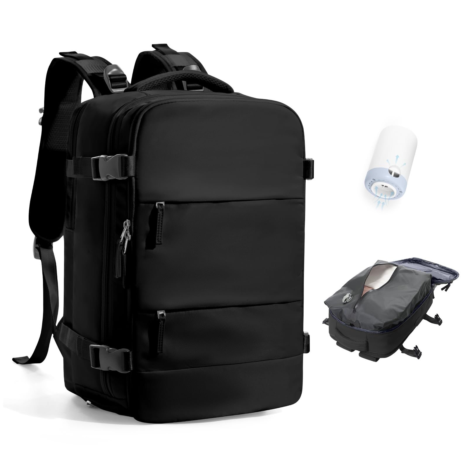 Vacuum Travel Backpack with Pump Women,Personal Item Carry on Backpacks Flight Approved 18x14x8 inches Men,Laptop Waterproof Work Compression bags Casual Daypack Mochila de Viaje Compresion al Black