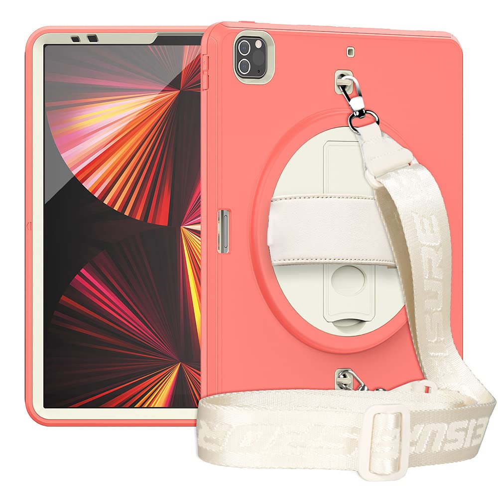 iPad Pro 12.9 Inch Case (2021/2020/2018) with Shoulder Strap, Heavy Duty Case for iPad 5/4/3rd Gen with 360 Degree Rotating Stand (Orange)