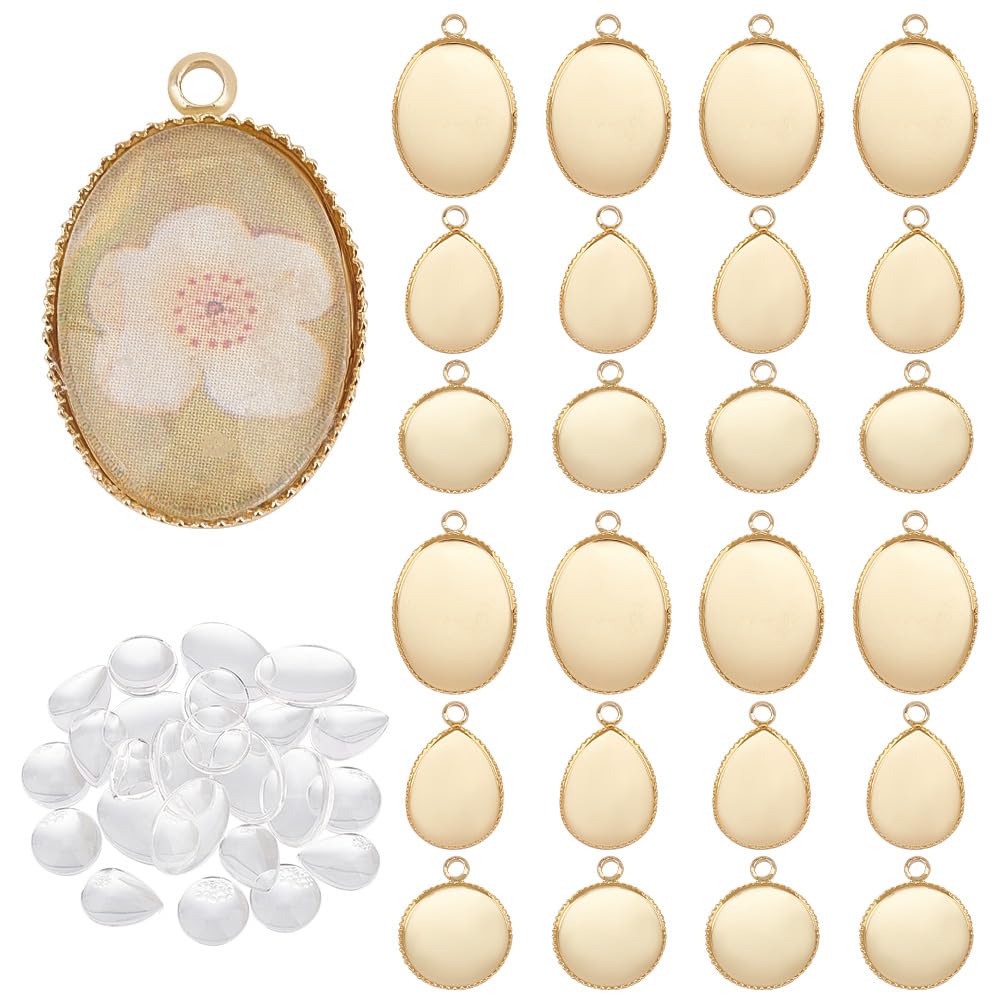 PH PandaHall 48pcs Pendant Trays for Jewellery Making Kits Transparent Glass Cabochons Real 14K Gold Plated Blank Bezel Pendant Trays 3 Styles for Earings Bookmarks Bracelets Photo Charms Necklaces