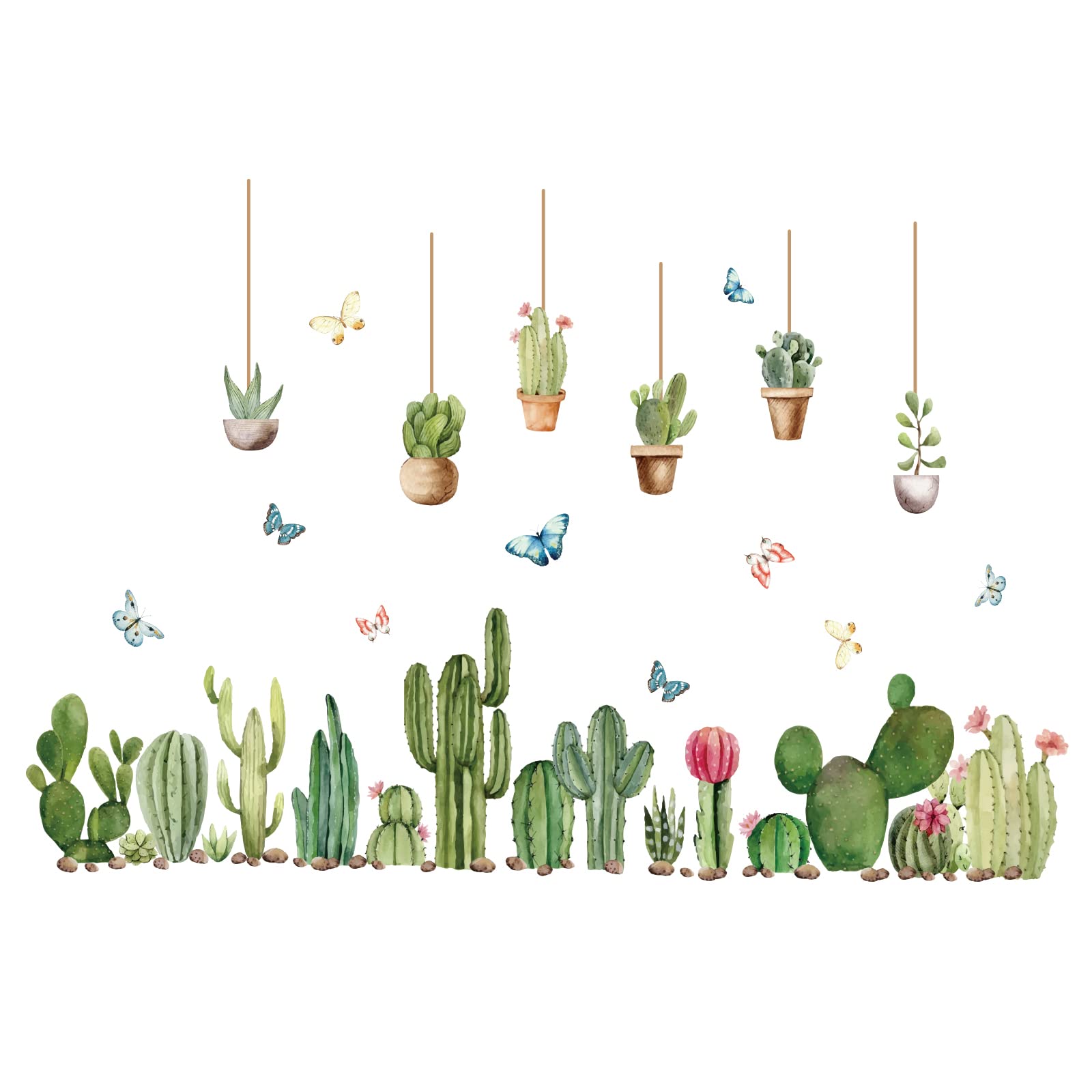 SUPERDANT Colorful Cactus Theme Wall Stickers Green Planet Pattern Wall Decal Wall Vinyl Art Stickers for Home Bedroom Living Room Decorations 90x29 cm