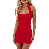 Lunait Women’s Bodycon Mini Dress Ruched Sexy Halter Backless Party Club Night Out Cocktail Dresses