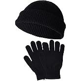 Rthjsfj Winter Knit Beanie Hat and Gloves Set for Men Women, Soft Warm Skull Cap Stretchy Gloves Set for Cold Weather