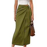 Milumia Women's Linen Knot Side Wrap Skirt Casual High Waisted Midi Skirts