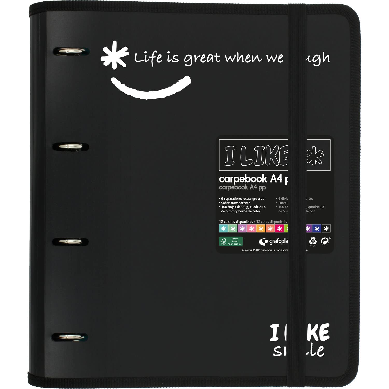 Grafoplás 88101810. 4 Ring Binder with Refill, A4, Black, Semi-Rigid Polypropylene, Includes Dividers, Carpebook Like