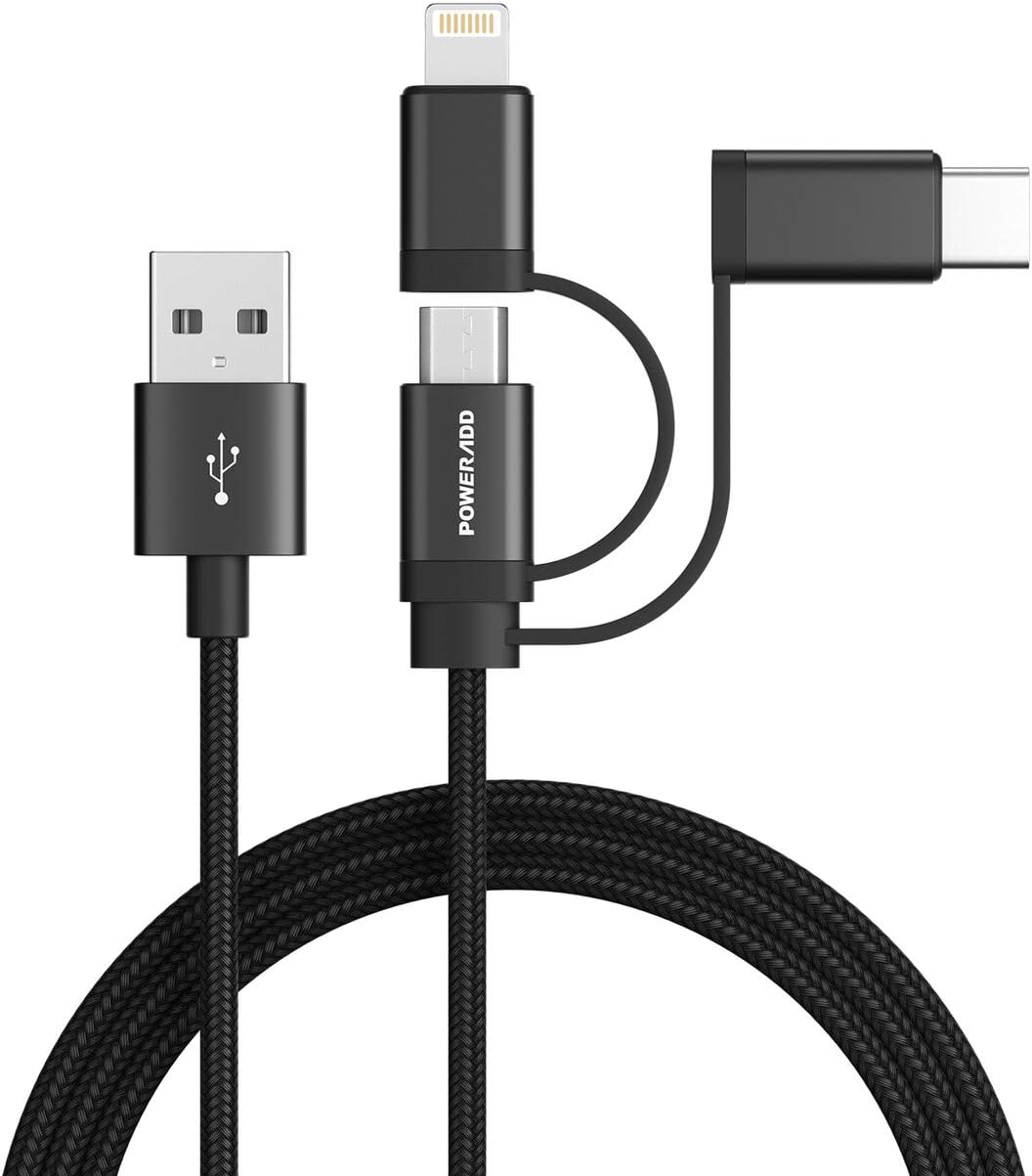 POWERADD [MFi Certified] Multi Charging Cable Certified iPhone/Type C/Micro USB Charger Nylon Braided Cord 3.3ft (1m) 3 in 1 Multiple Universal Charger for iPhone/iPad and Android Devices