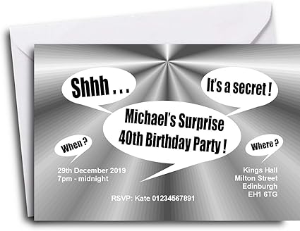 50 Personalised Surprise Party Invitations Glossy Card Birthday Invitations For Any Age 21st 30th 40th 50th 60th 70th Surprise Party Invites For Adults With Free Envelopes Amazon Co Uk Office Products