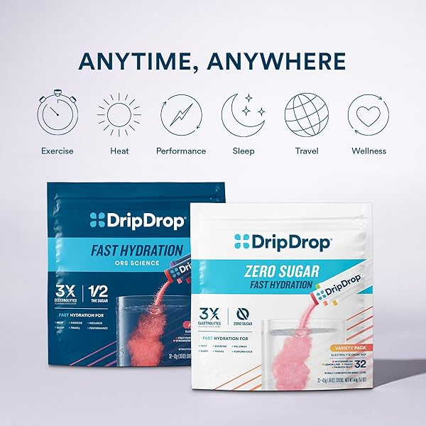 DRIPDROP SUGAR FREE HYDRATION PACKETS – ZERO PEACH – SINGLE SERVE ELECTROLYTES POWDER DRINK MIX – NON-GMO, GLUTEN FREE, VEGAN – 32 STICKS