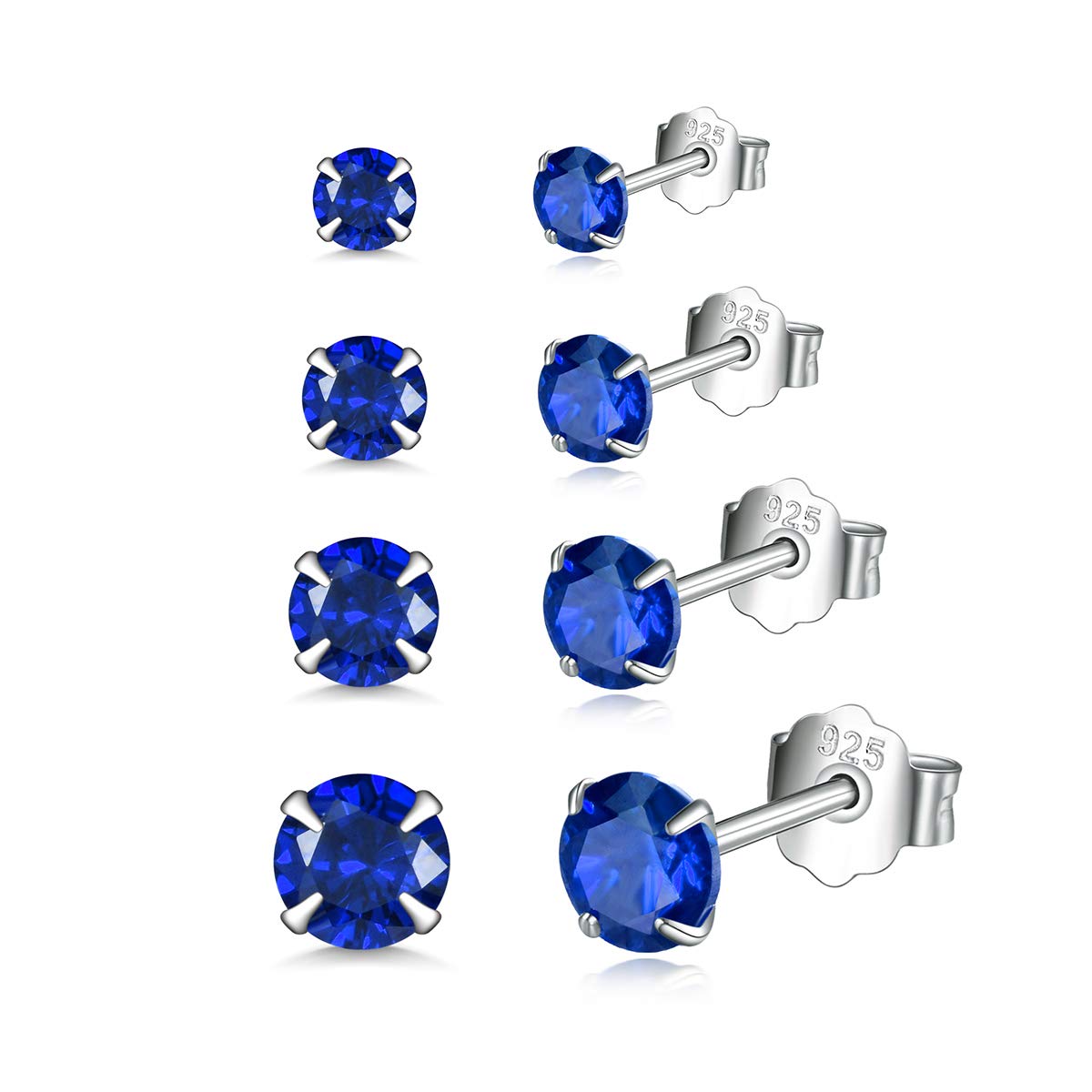 Shuxin Silver Stud Earrings for Women, 4 Pairs 925 Sterling Silver Zirconia Stud Earrings Set, Hypoallergenic Small Sleeper Cartilage Studs, with AAAAA Sapphire Blue Cubic Zirconia, Size: 3, 4, 5, 6mm