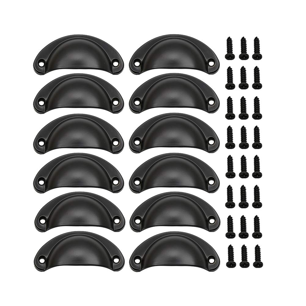 BOZONLI 12 Pack Retro Metal Kitchen Cupboard Drawer Cabinet Door Handles Knobs Black Shell Cup Pull Handle