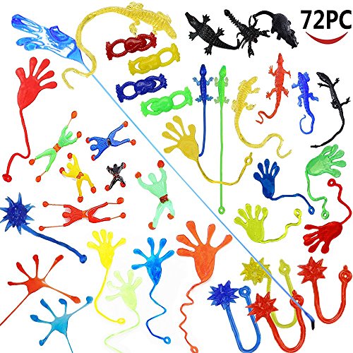 Wankko 72 Pieces Vinyl Stretchy Sticky Toy Assortment Including Wall Climber Men, Sticky Animals, Large Sticky Hands, Sticky Hammers, Stretchy Flying Frogs and Sticky Frogs