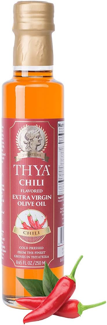THYA Chili Pepper Flavored Extra Virgin Olive Oil Cold Pressed Olives EVOO for Salad Dressing and Cooking (8.45 fl oz/ 250ml)