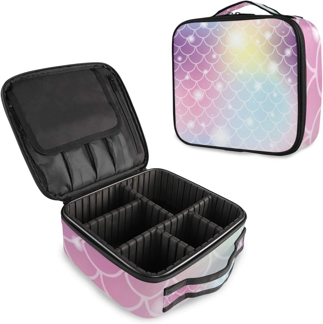 Ocean Mermaid Scale Pink Make Up Bag Travel Makeup Case Waterproof Detachable Makeup Pouch Organizer Toiletry Portable Cosmetic Bag Oxford Fabric