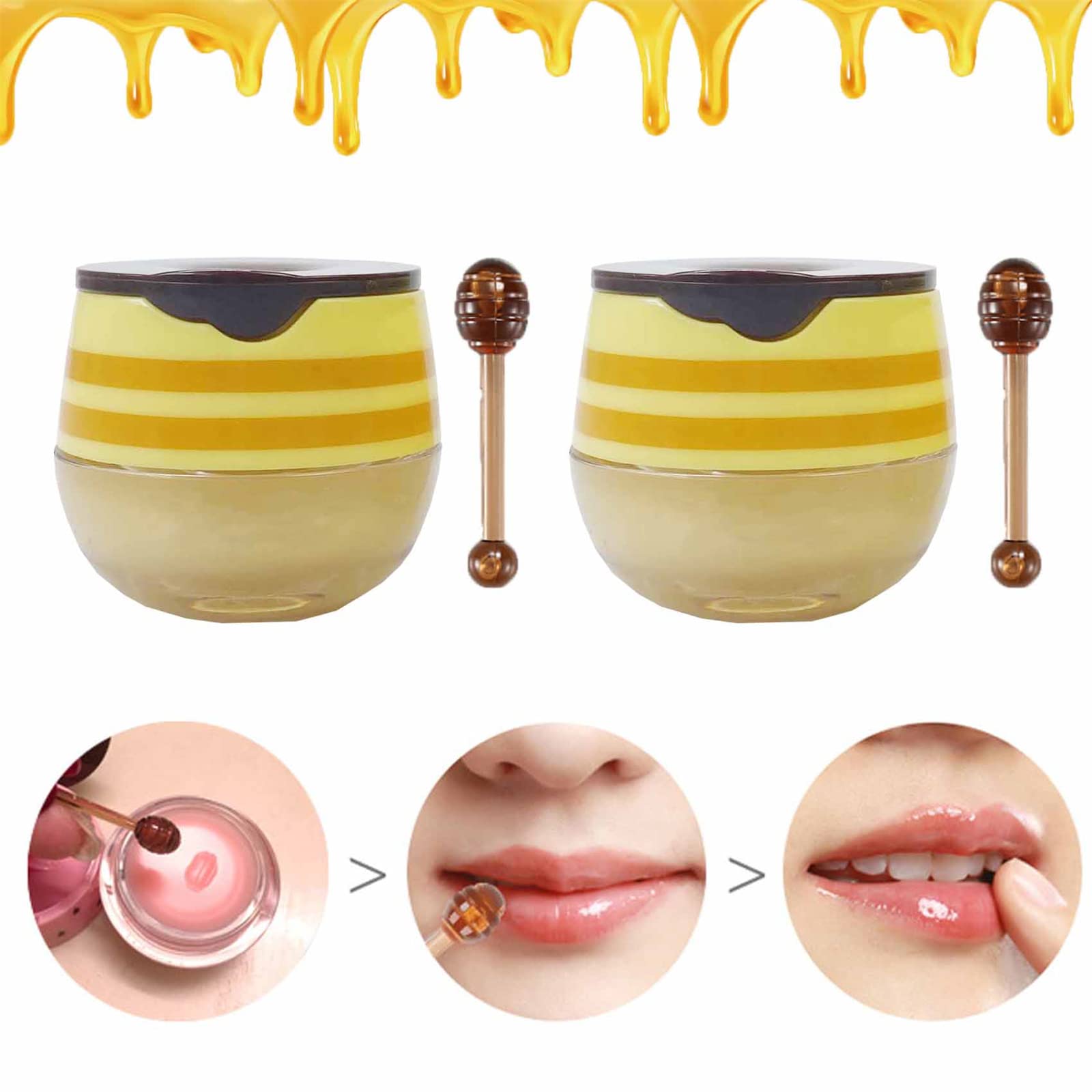 2PCS Bee Lip Balm Honey Pot, Honey & Strawberry Propolis Moisturizing, Hydrating and Prevention Dry and Cracked Lip Scrubs Exfoliator (B)
