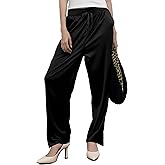 LWQ&ROSE Women's Silky Wide-Leg Pants Lightweight Satin Straight High Waist Straight Trousers with Pockets 2025 Daily Casual Outfits(US, Alpha, Medium, Regular, Regular, Black-Thin Style)