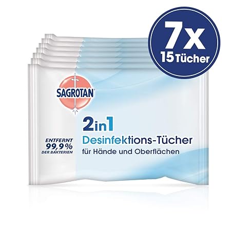 Sagrotan 2in1-Desinfektionstücher – Zum Desinfizieren von Händen und Oberflächen – 7 x 15 Feuchttücher in wiederverschließbar