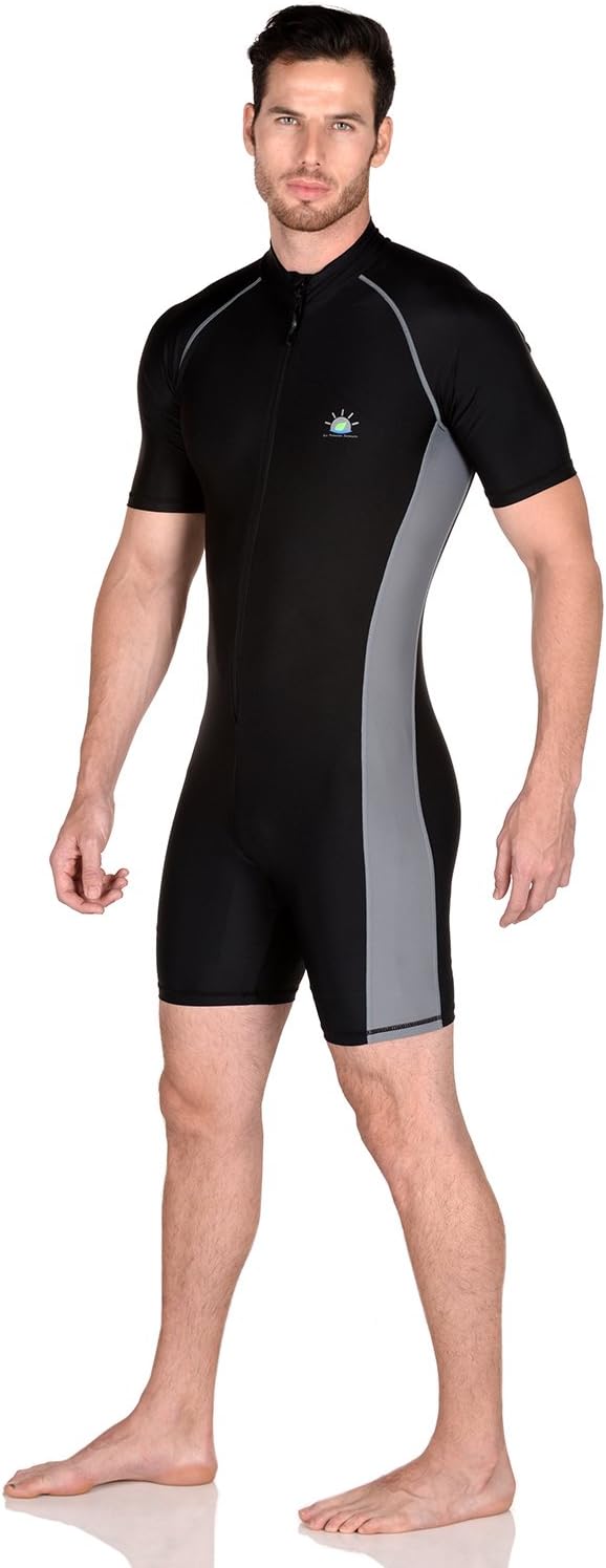 Men Swimsuit Sun Guard UV Protection Surf Sunsuit UPF50+ Black Silver