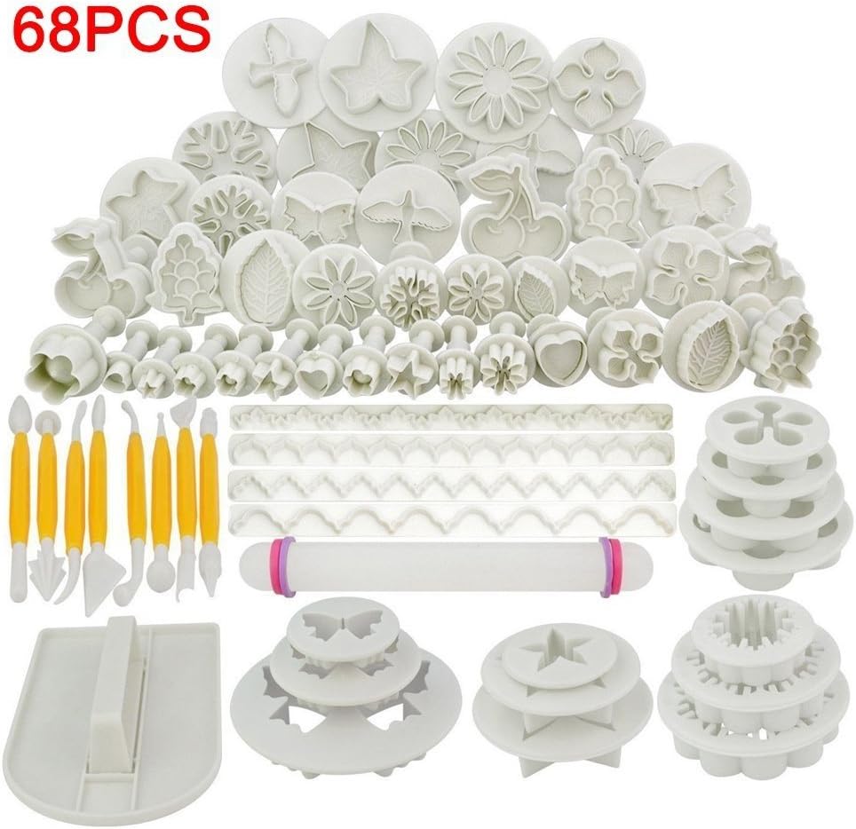 PetHot 68 Pcs Cake Decorating Equipment Sugarcraft Fondant Icing Cutters Tools DIY Home Plunger Moulds Kit with Rolling Pin Smoother Embosser Molds