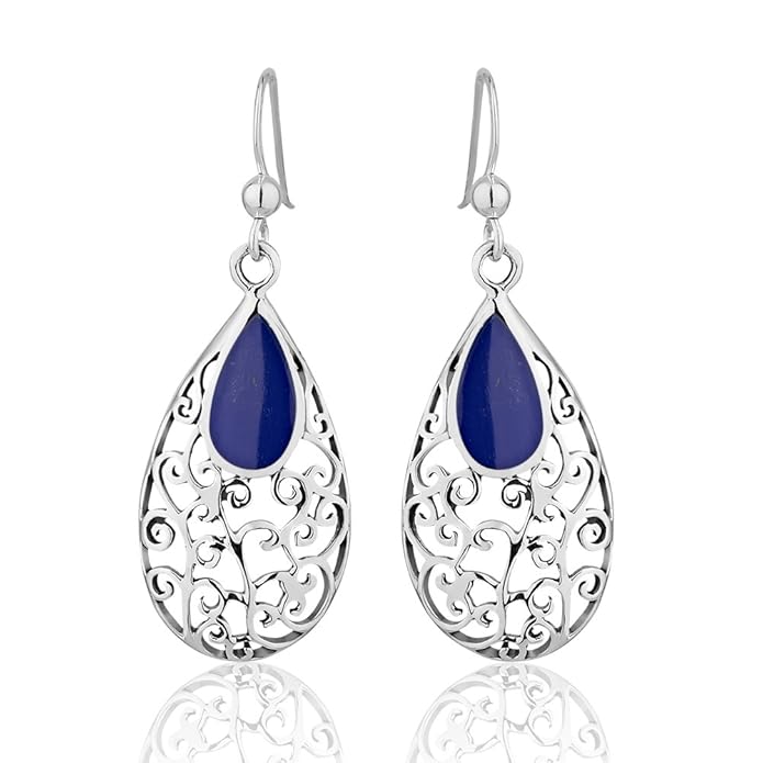 925 Sterling Silver Modern Swirls w/Bold Blue Reconstructed Lapis Lazuli Long Dangle Earrings