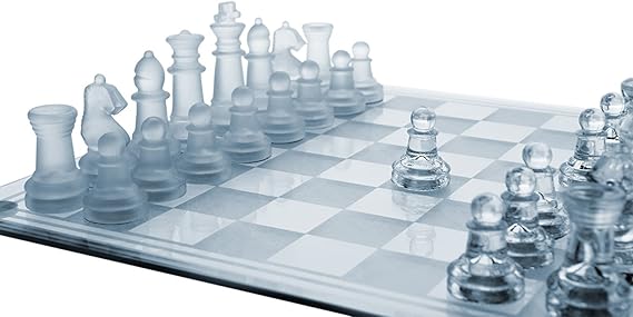 House Of Gifts Glass Chess Set Featuring Frosted and Clear Glass Pieces and Glass Board