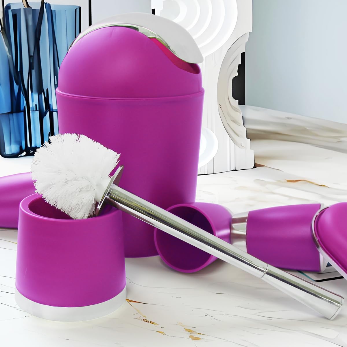 Fingey Bathlux Modern Design 6 Piece Bathroom Accessory Set, Toilet Brush, Waste Bin, Soap Dish, Tooth Brush Holder Soap Dispenser, Rinse Cup (Purple)