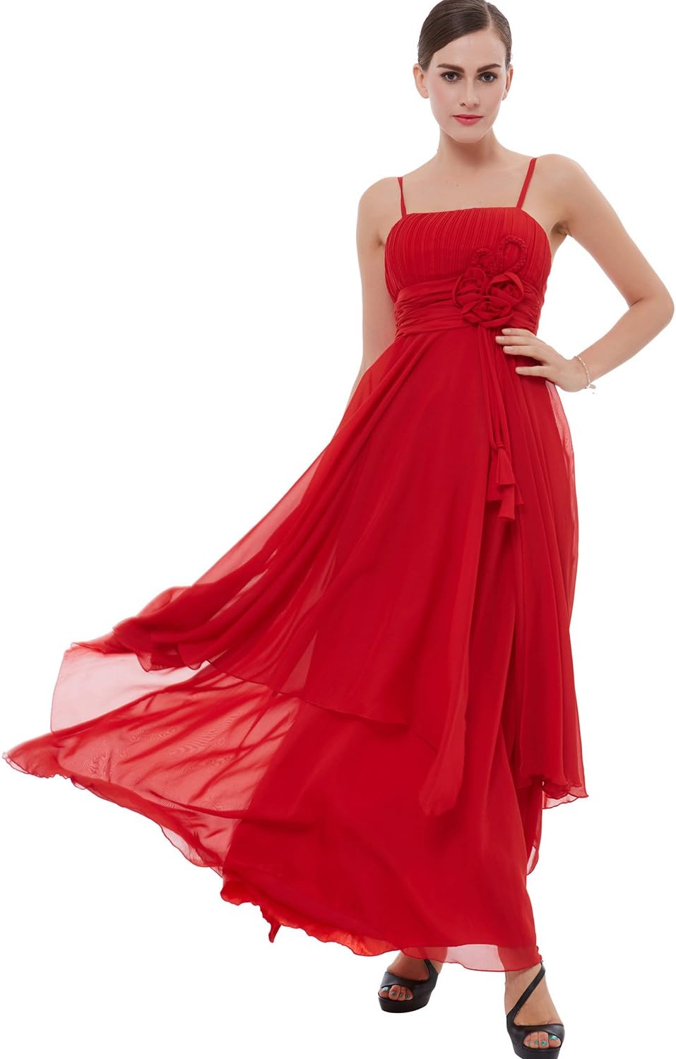 Tanpell Women's A-Line Spaghetti Straps Flowers Ruched Prom Dress