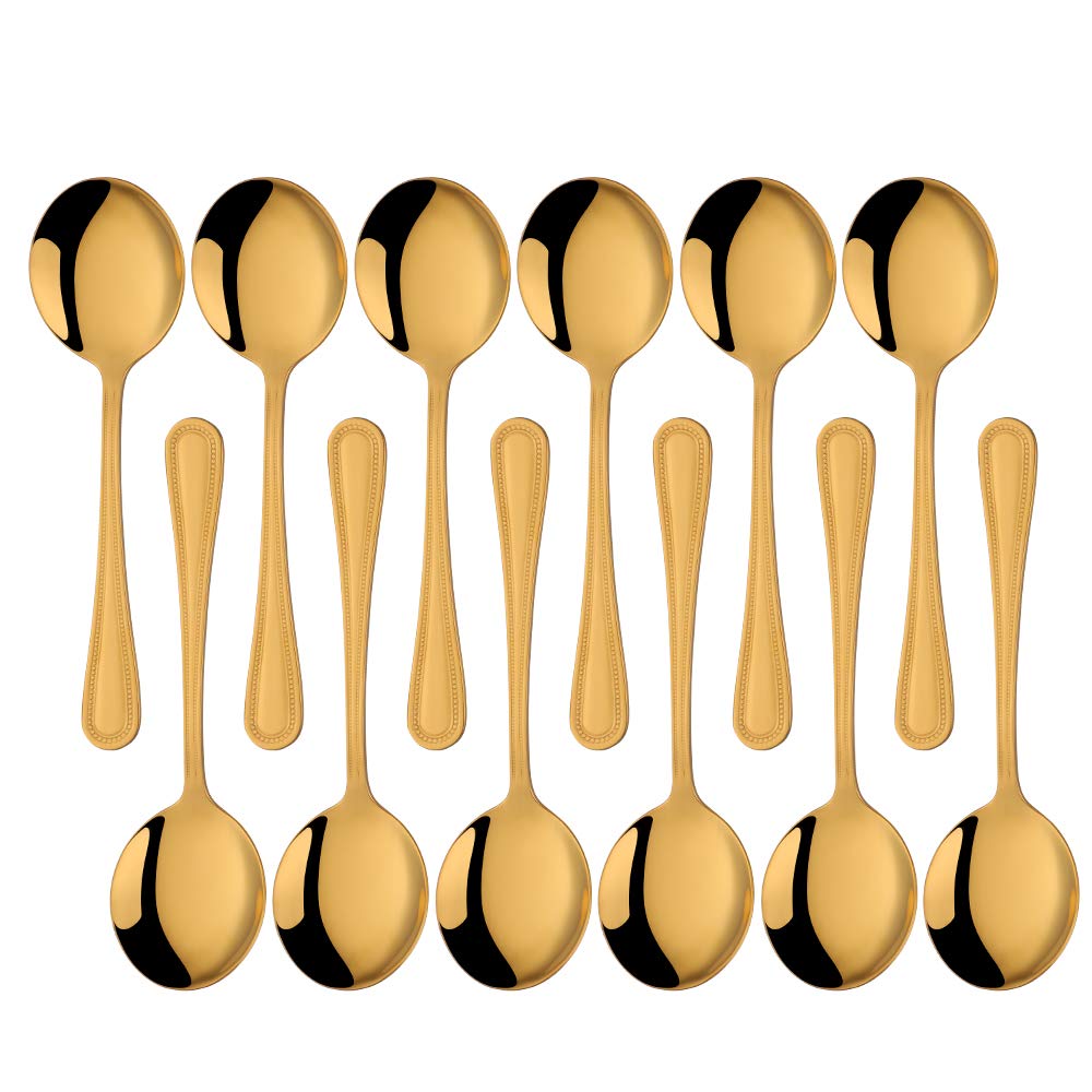 Pack of 12 Gold Round Bouillon Spoons, Buyer Star Stainless Steel Cutlery Set for Home Kitchen and Restaurant,as Soup Spoons