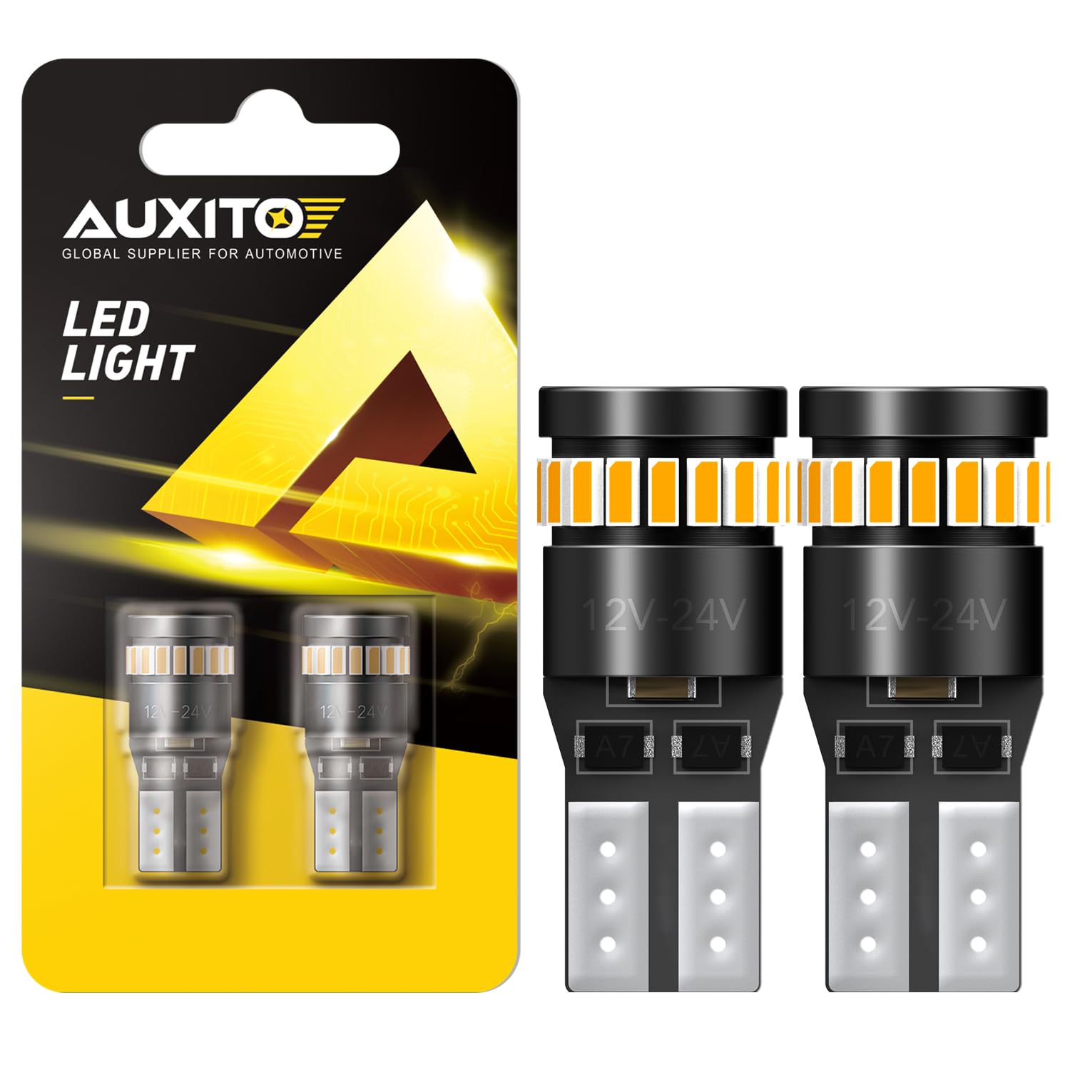 Photo 1 of AUXITO 194 LED Bulb Amber Yellow Canbus Error Free, 168 175 2825 W5W T10 LED Replacement Light Kit for Car Interior Map Marker Exterior Lights License Plate Lights Dome Lights, Pack of 2