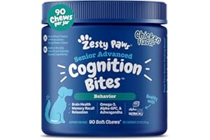 Zesty Paws Advanced Cognition Soft Chews for Dogs - with Omega 3 DHA, Ashwagandha & Alpha GPC - for Senior Dog Brain Health & Nervous System Support - Supplement for Calming & Relaxation - 90 Count