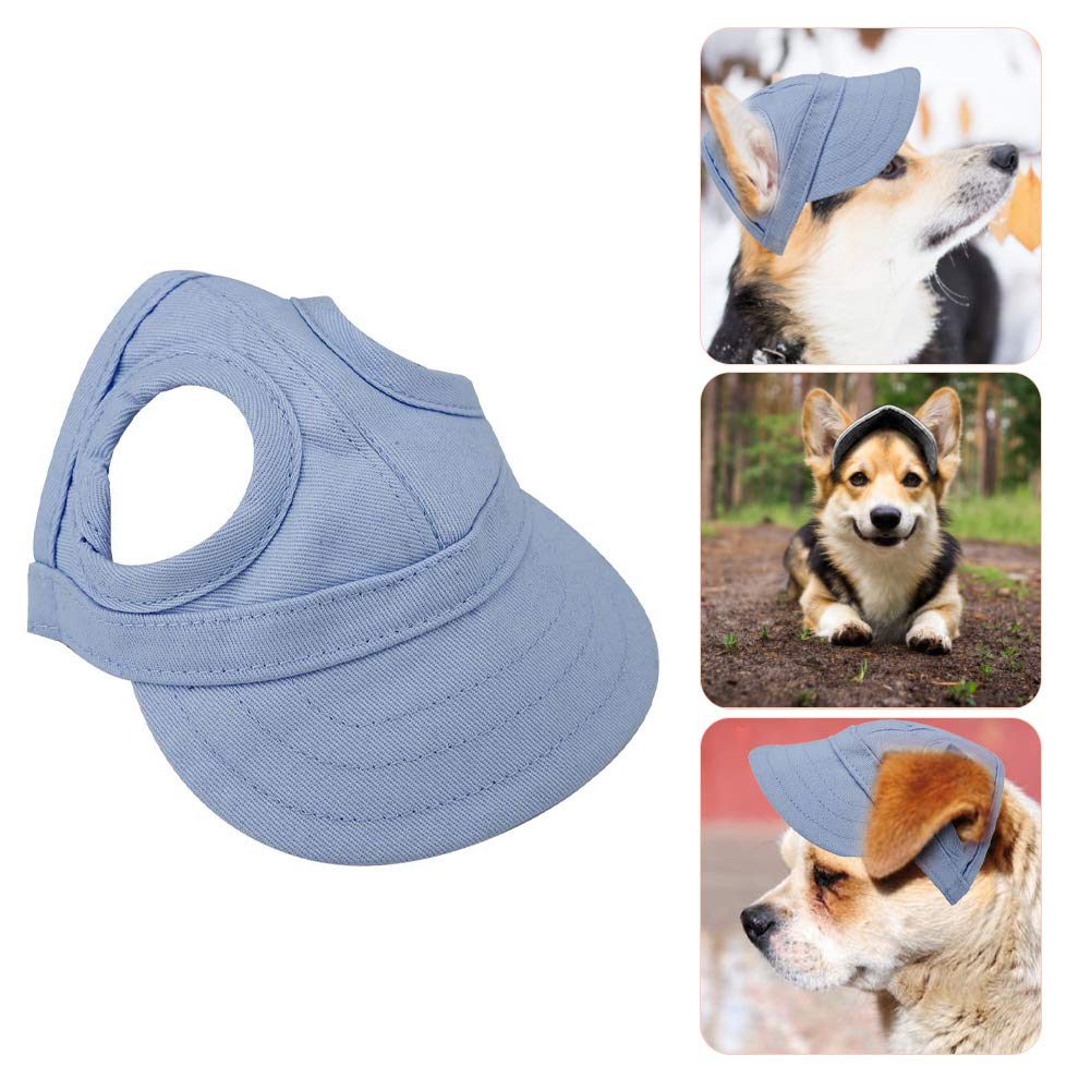 Pssopp Adjustable Pet Sun Hat for Dogs and Cats with Ear Holes - Summer Outdoor Baseball Cap, Stripe Design, Size M Blue