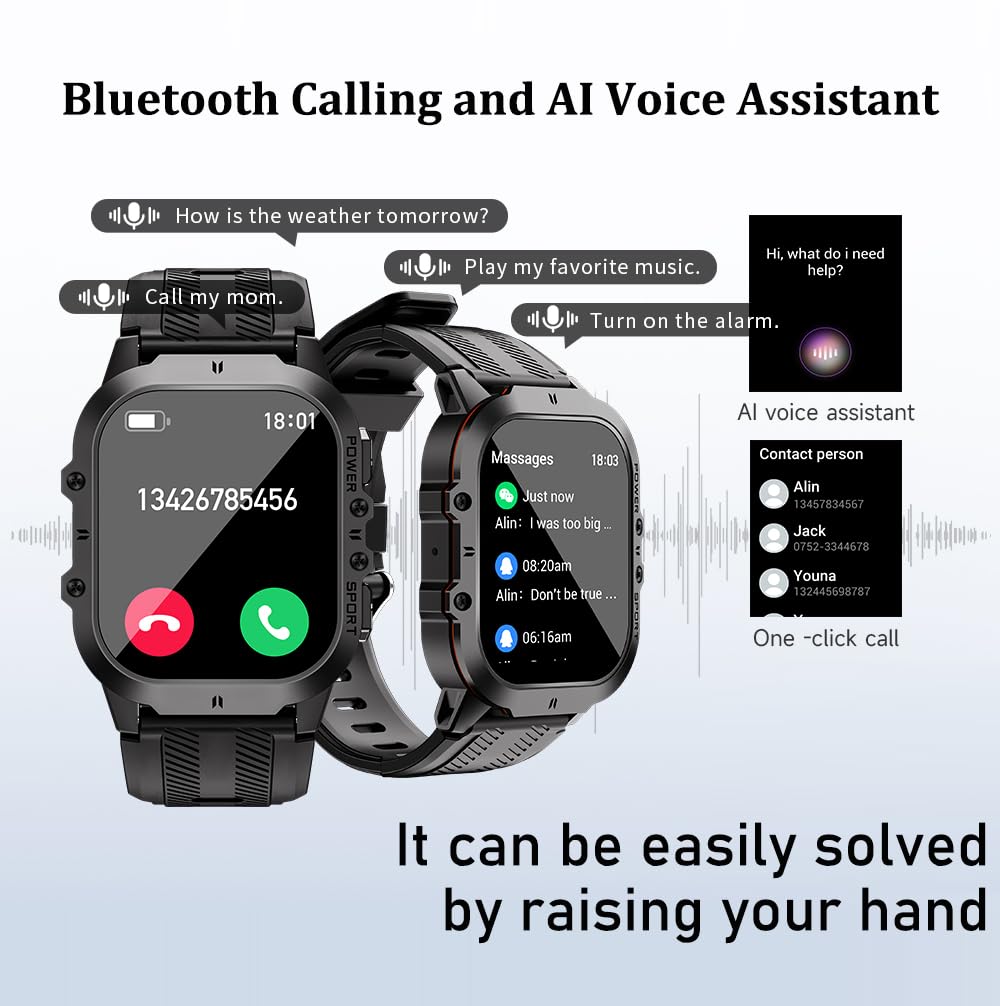 VIRAN Military Smart Watches for Men, 1.96'' AMOLED Fitness Tracker Smartwatch with Dual Silicone Bands, IP68 Waterproof Fitness Watch with Heart Rate BP SpO2 Sleep Monitor for iOS Android Phones