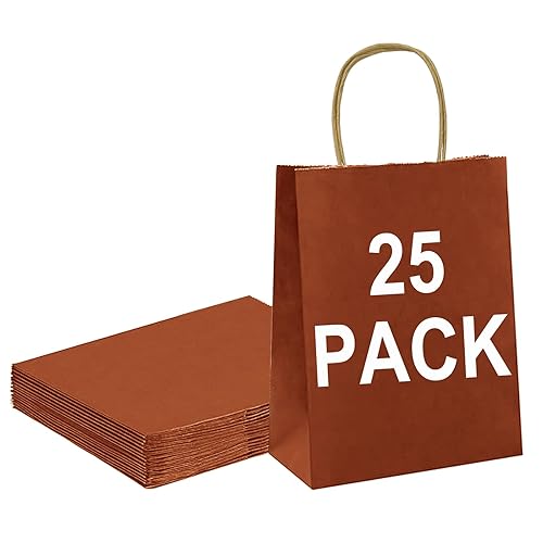 BAG BOX 25 Pack Small 5.9x3.1x8.25 Inch Orange Kraft Paper Gift Bags with Handles for Bulk Shopping, Retail, Craft, Party Favors, Wedding, Grocery & Sacks