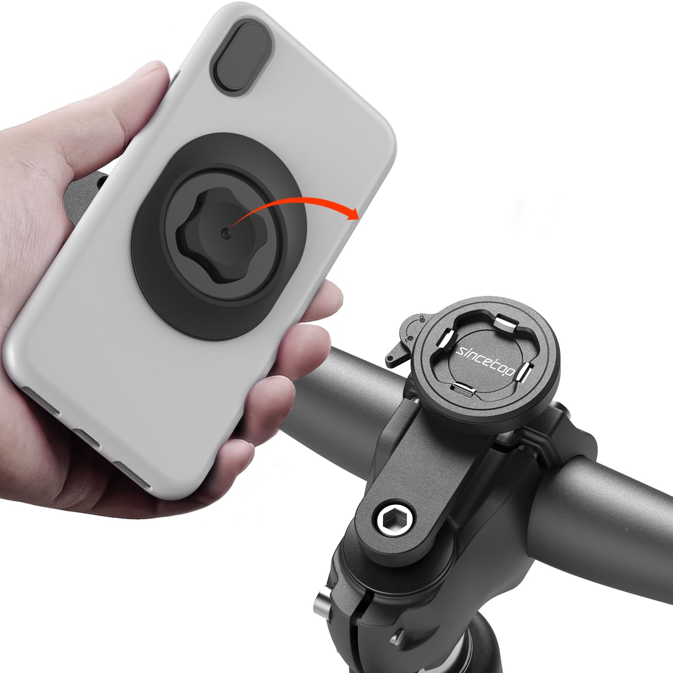 sincetop Bike Phone Mount for Mountain Bicycle, Universal Aluminum Road Bike Stem Cap Cell Phone Holder, Connect Quickly Riding Clip Stand, MTB Handlebar Clamp Quick Release 【Serie C - 2nd Gen】