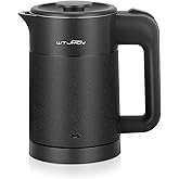 WTJMOV 0.6L Small Electric Tea Kettle Lightweight, 20 Ounce Double Wall Hot Water Boiler Stainless Steel Auto Shut-off, 120V Portable Travel Electric Kettle Fast Boil for Tea and Coffee, Black