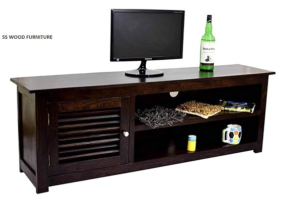 SS WOOD Furniture Solid Wood TV Entertainment Unit (Dark Walnut Finish)