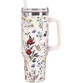 FYSUIMU Vintage Wildflower Tumbler with Handle Lid Straw 40 Oz Spring Floral Stainless Steel Cup Retro Colorful Flower Travel Mug Iced Coffee Hot Drink Tumbler for Women Girls Gifts Party Favor