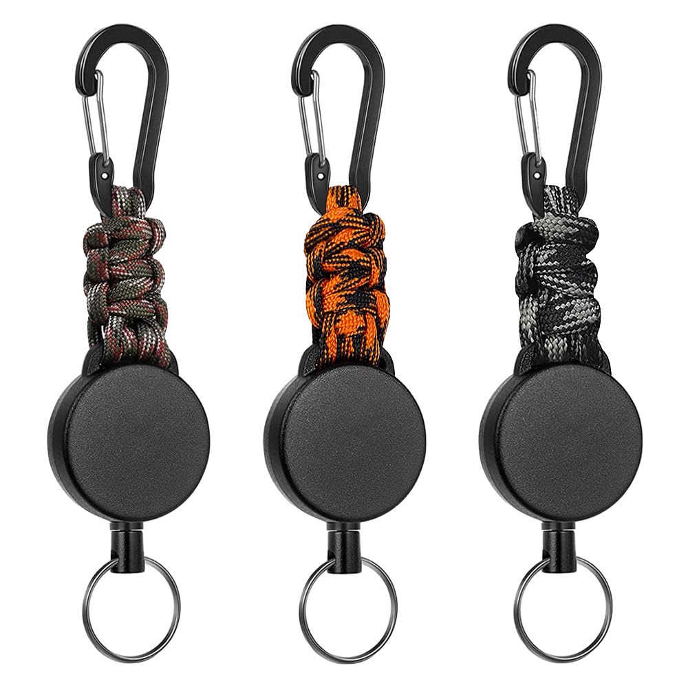 TRKETK 3-Pack Retractable Keyring Keychain, Heavy Duty Lanyard with 65cm Extendable Steel Wire, Multicolor Camo
