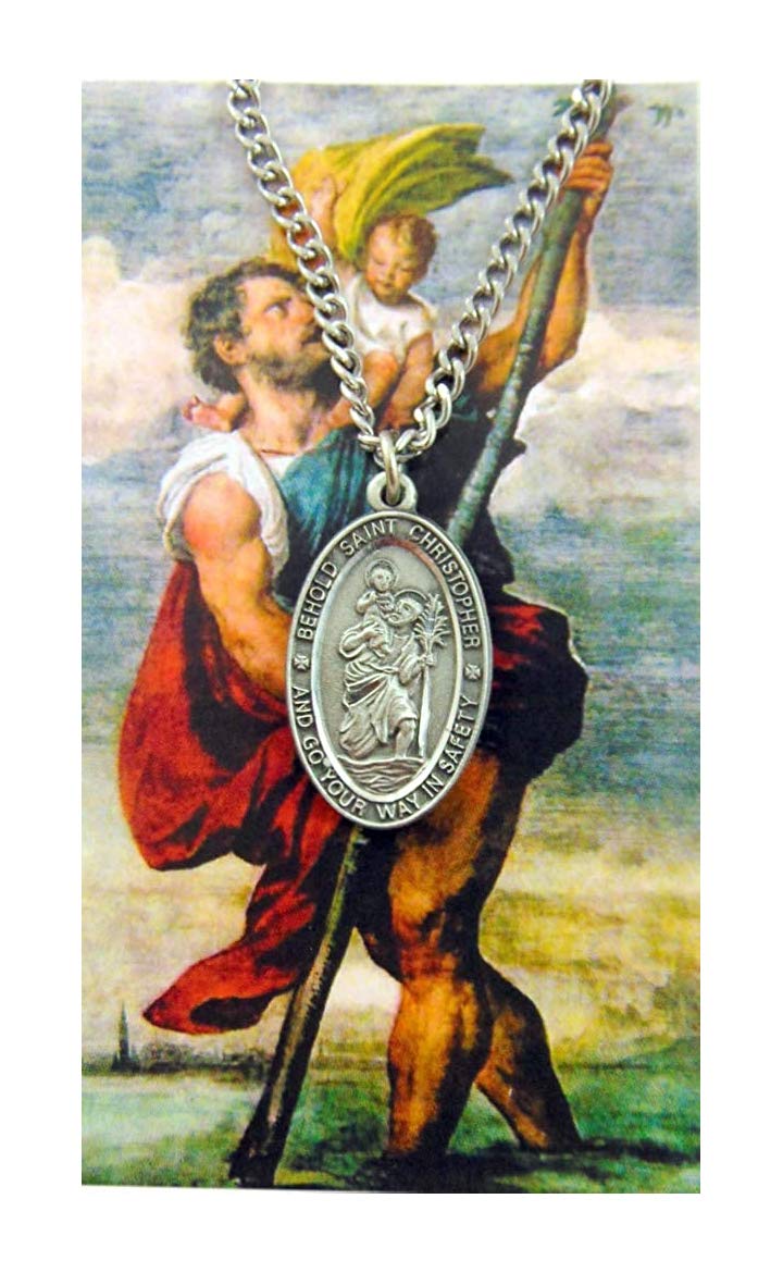 St Christopher Pewter Medal on a Stainless Steel Chain with Holy Card Gift Boxed Set