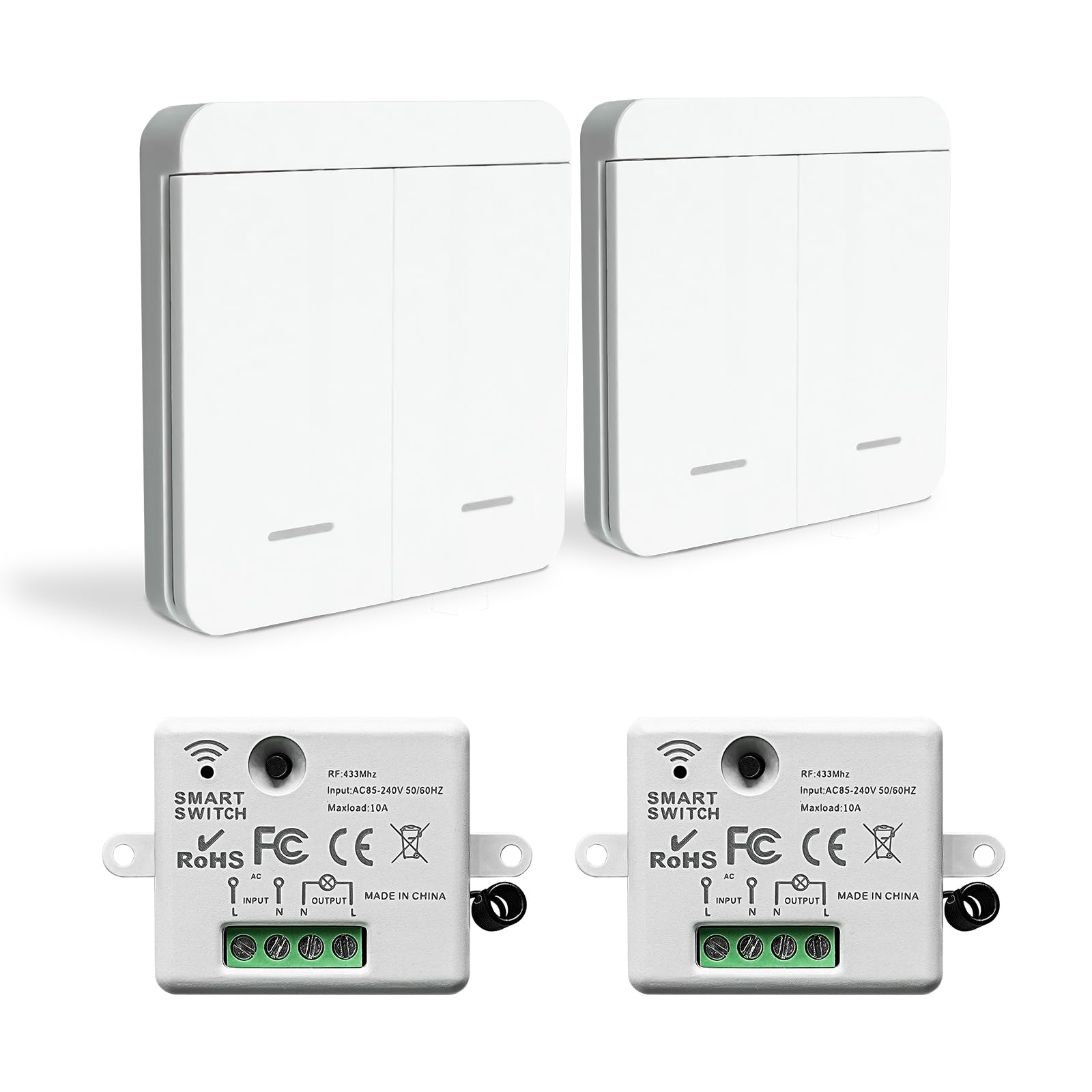 Bkiyougo Wireless Light Switch Kit, 10 Amp Relay Receiver Controller, No Wiring Easy Install, Remote Control for Lamp Lights up to 1500W (2 Receiver 2 Gang Switch)