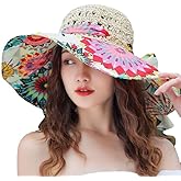 Womens Floral Bowknot Straw Sun Hat Wide Brim Floppy Bucket Hat Foldable Roll Up Sun Protection Summer Travel Beach Sun Cap