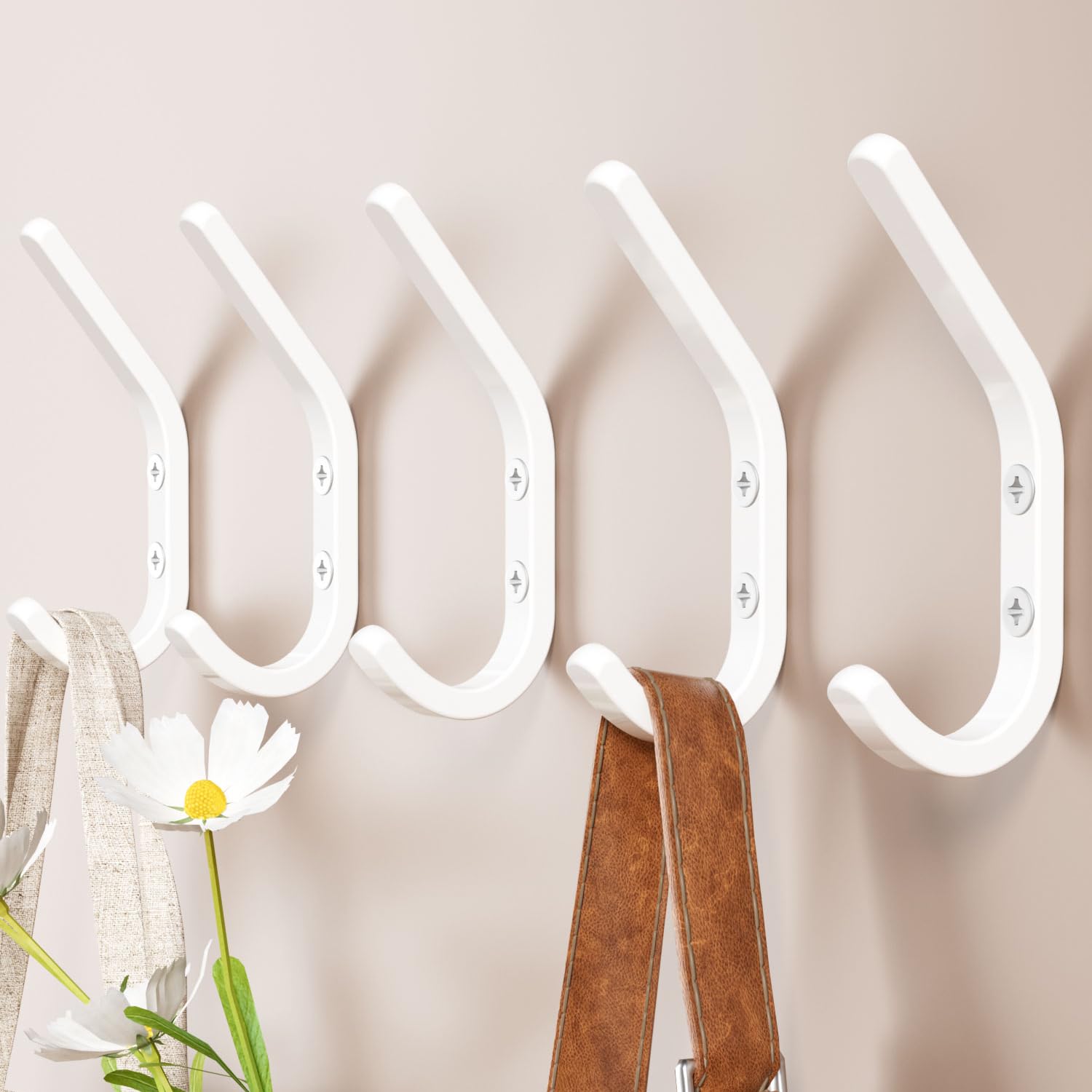 Photo 1 of GWAAZXGZ Wall Hooks for Hanging Coats - 5 Pack White 3.2'' Double Hook Design, Hat Organizers, Wall Mount Hangers for Bags and Keys, Perfect for Garage, Workshop, Entryway, Closet, and DIY Projects