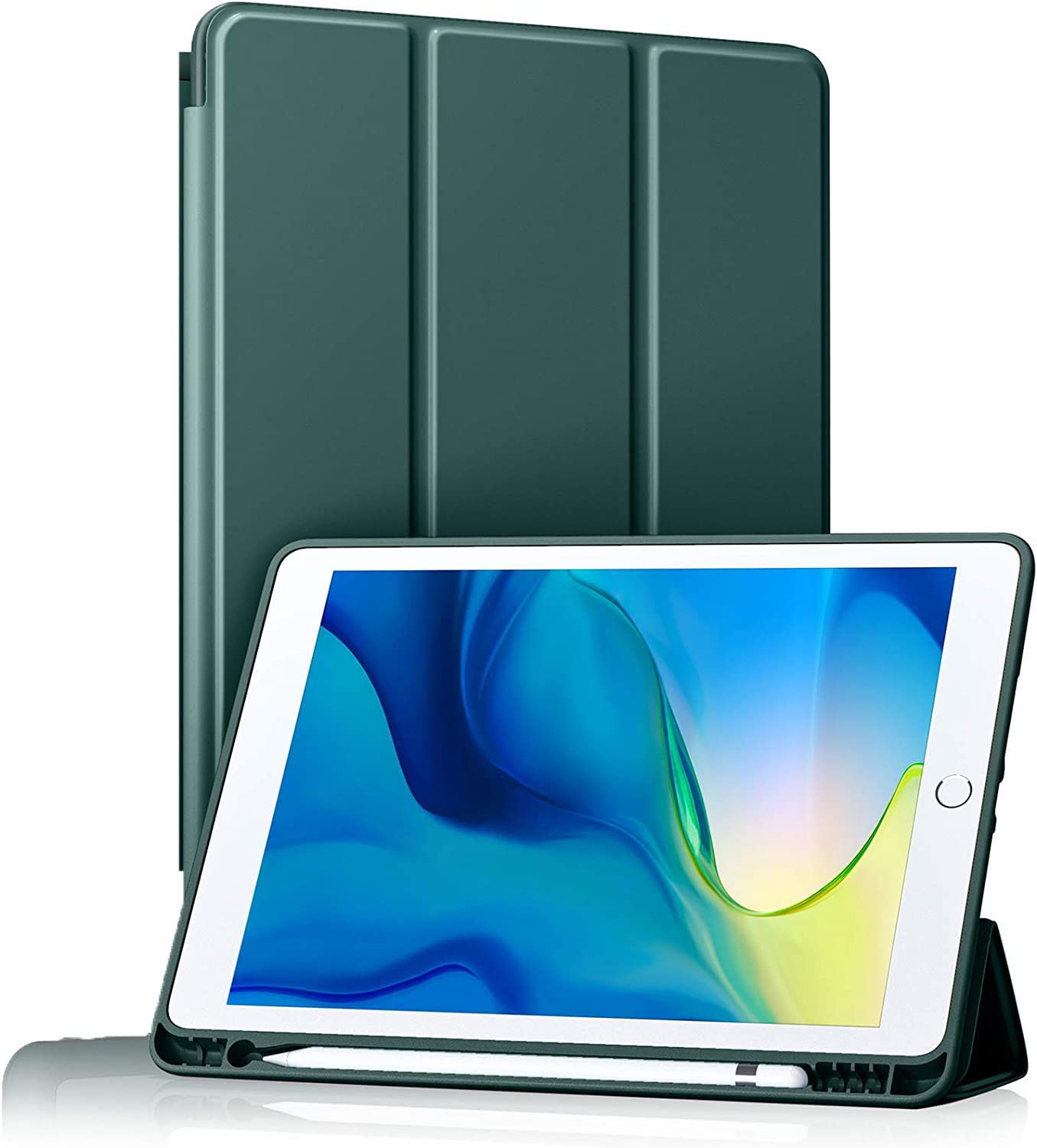 BXGH iPad Case for 9th/8th/7th Generation 10.2" iPad with Pencil Holder, Case for 2021/2020/2019 with Soft Silicone Backing, Auto Wake/Sleep Protection - Dark Green