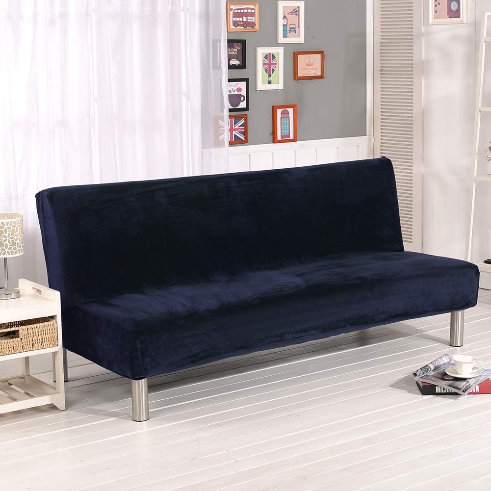 Elehealthy Thicker Plush Armless Sofa Cover with Throw Pillow,Strentch Sofa Slipcover Non-Slip Protector for Couch Elastic Spandex Folding Couch Sofa (Navy Blue)