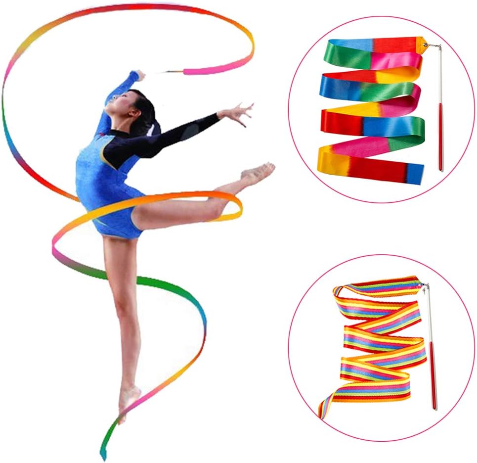 Ceqiny 2pcs Dance Ribbons with Wand 2 Meters Rhythmic Gymnastic Ribbon Rainbow Streamers Dance