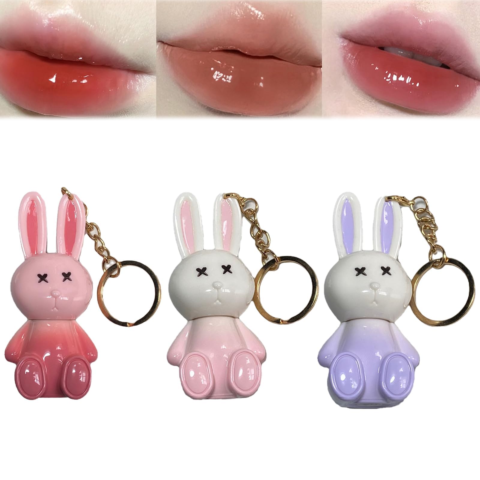 3pc Rabbit Lip Gloss Keyring Set - Moisturizing & Sparkling Jelly Lip Gloss for Hydrating & Sweet Lips, Crystal Lip Glaze, Cute Set for Women and Girls