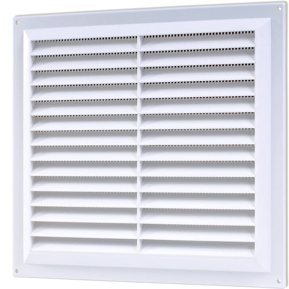 Merriway BH01159 9 x 9 inch Fixed Louvre Air Grille with Flyscreen (Overall Vent Size: 257 x 235mm), White Plastic 229 x 229 mm Slotted Fly Screen